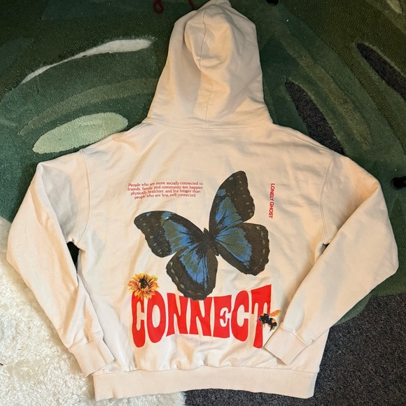 LONELY GHOST “Connect” Butterfly Heavyweight Hoodie (Cream) - Size Small - Picture 2 of 5